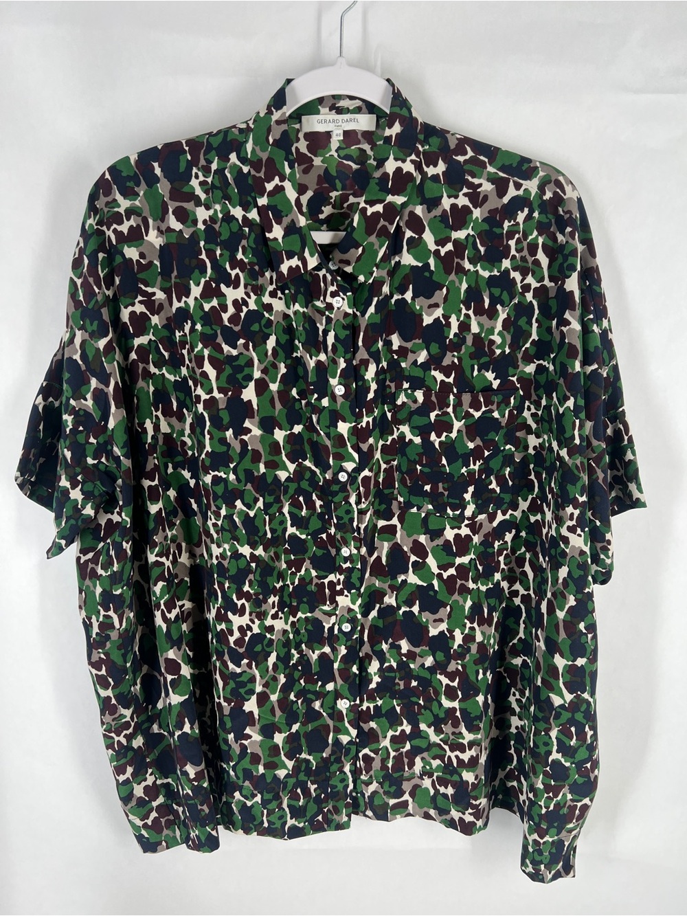 Gerard Darel Paris 100% Silk Camouflage Print Button Front Blouse Size 8